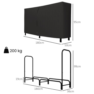 Outsunny Estante de Leña con Funda Oxford 600D, Leñero Exterior Metálico Robusto, Longitud Ajustable, Carga 200 kg, para Interior y Exterior, Jardín, Terraza, 180x36x99 cm, Negro
