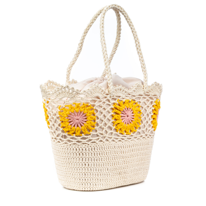 Villaga bolso de hombro mujer. Fabricado en algodón, con flores decorativas.