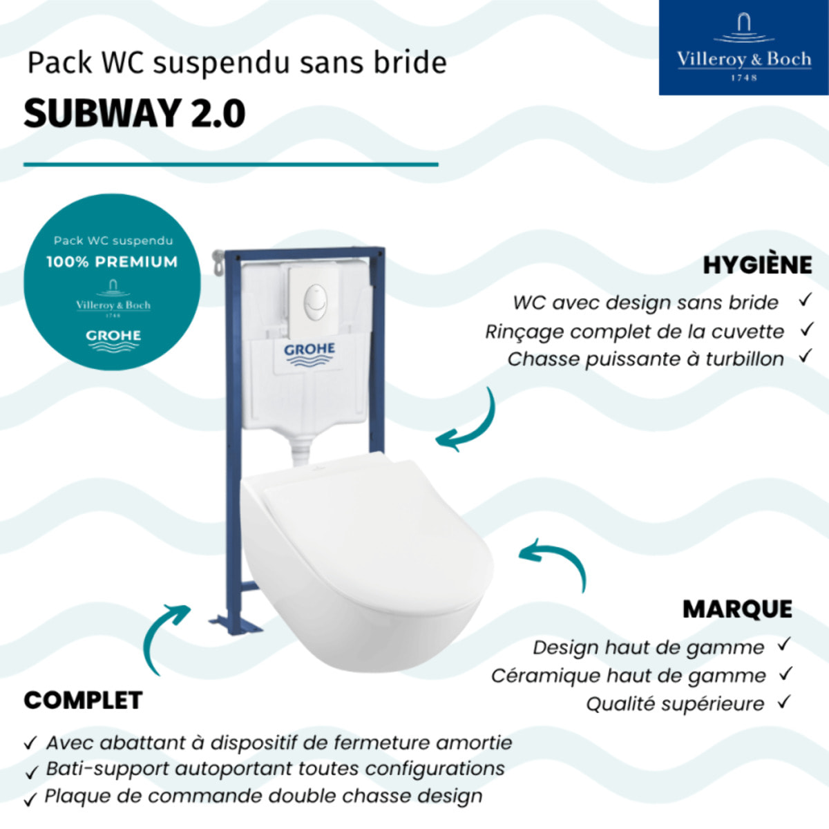Pack WC suspendu sans bride Subway 2.0 + abattant + plaque blanche + bâti Grohe