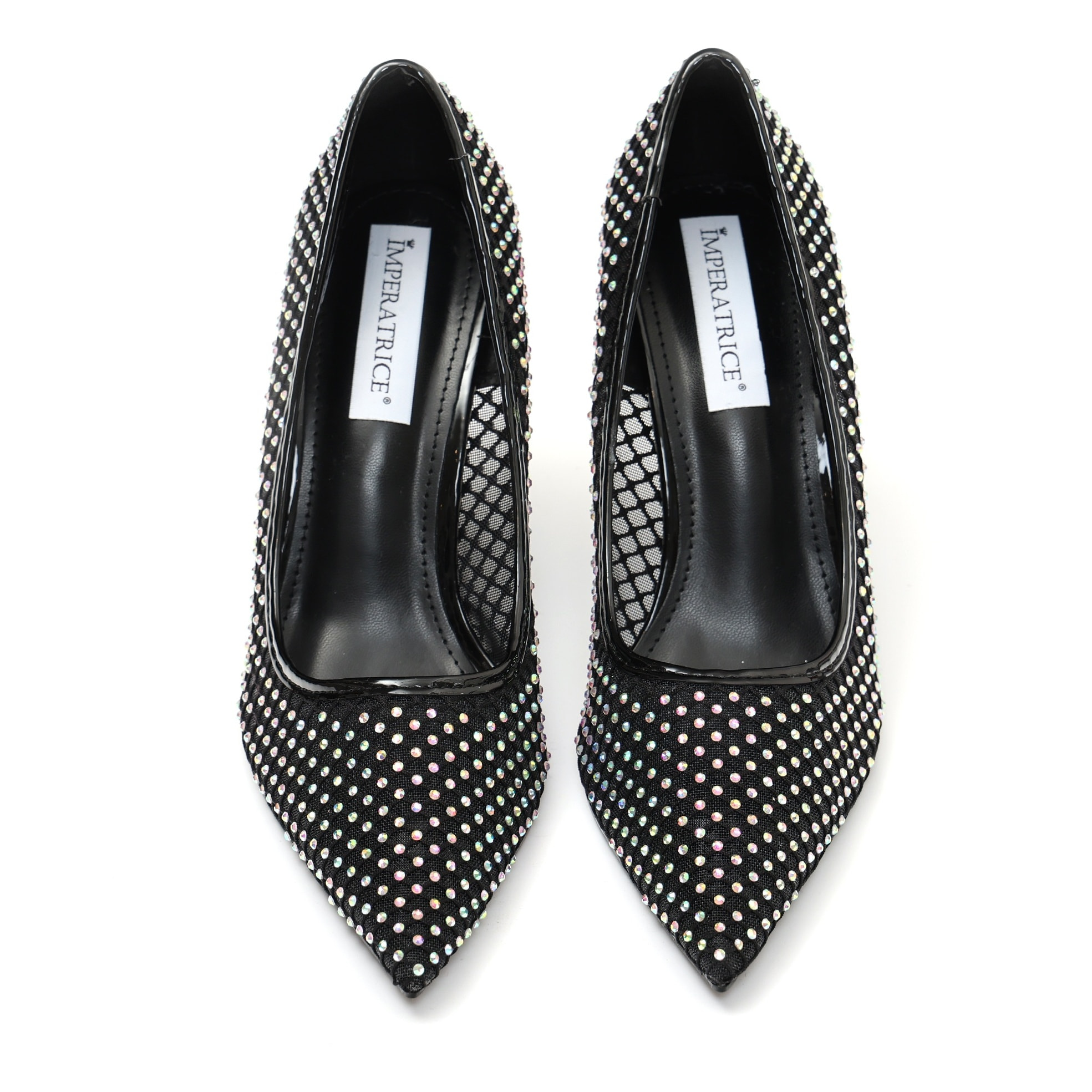 Dècolletè pumps in simil pelle con tomaia bucherellata ricoperta di strass