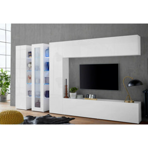 Parete attrezzata da soggiorno, Made in Italy, con luce LED blu, Base porta TV e pensili e scaffali, Set salotto moderno, cm 340x30h180, colore Bianco lucido