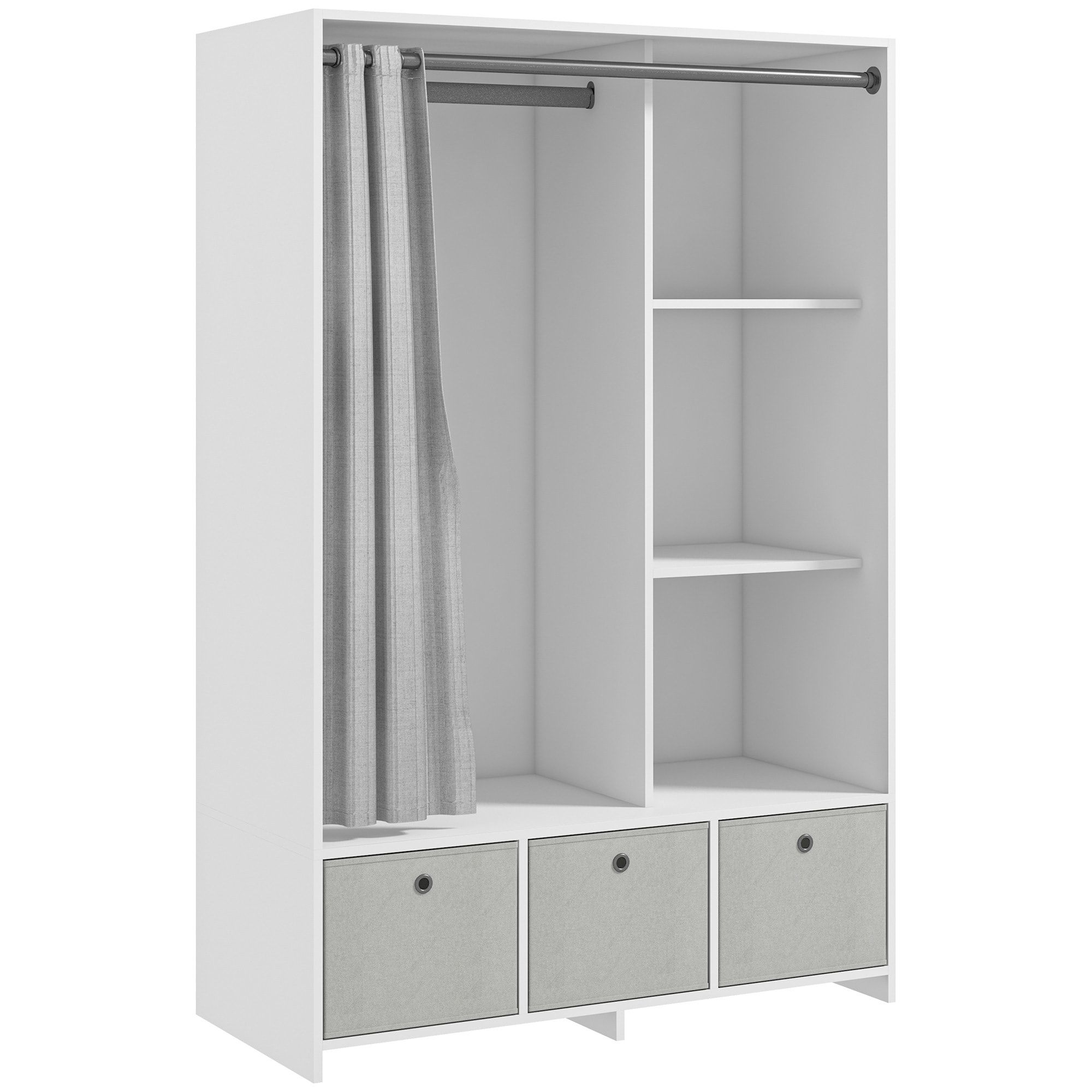 Vestiaire d'entrée - barre de penderie, 3 niches, 3 tiroirs tissu, rideau - panneaux blanc polyester lin gris clair