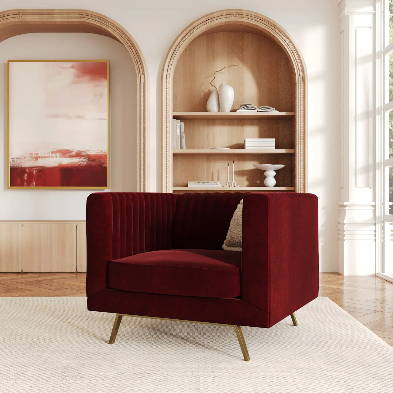 Fauteuil en velours bordeaux et pieds en métal doré - Gatsby