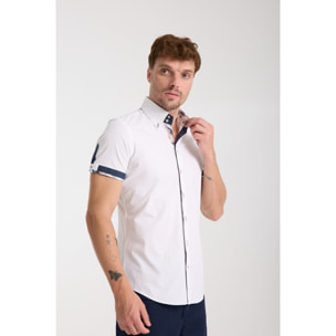 Camicia Uomo Manica Corta 2 Bottoni Button Down 7 Botto Popeline Stretch Unito Bianco