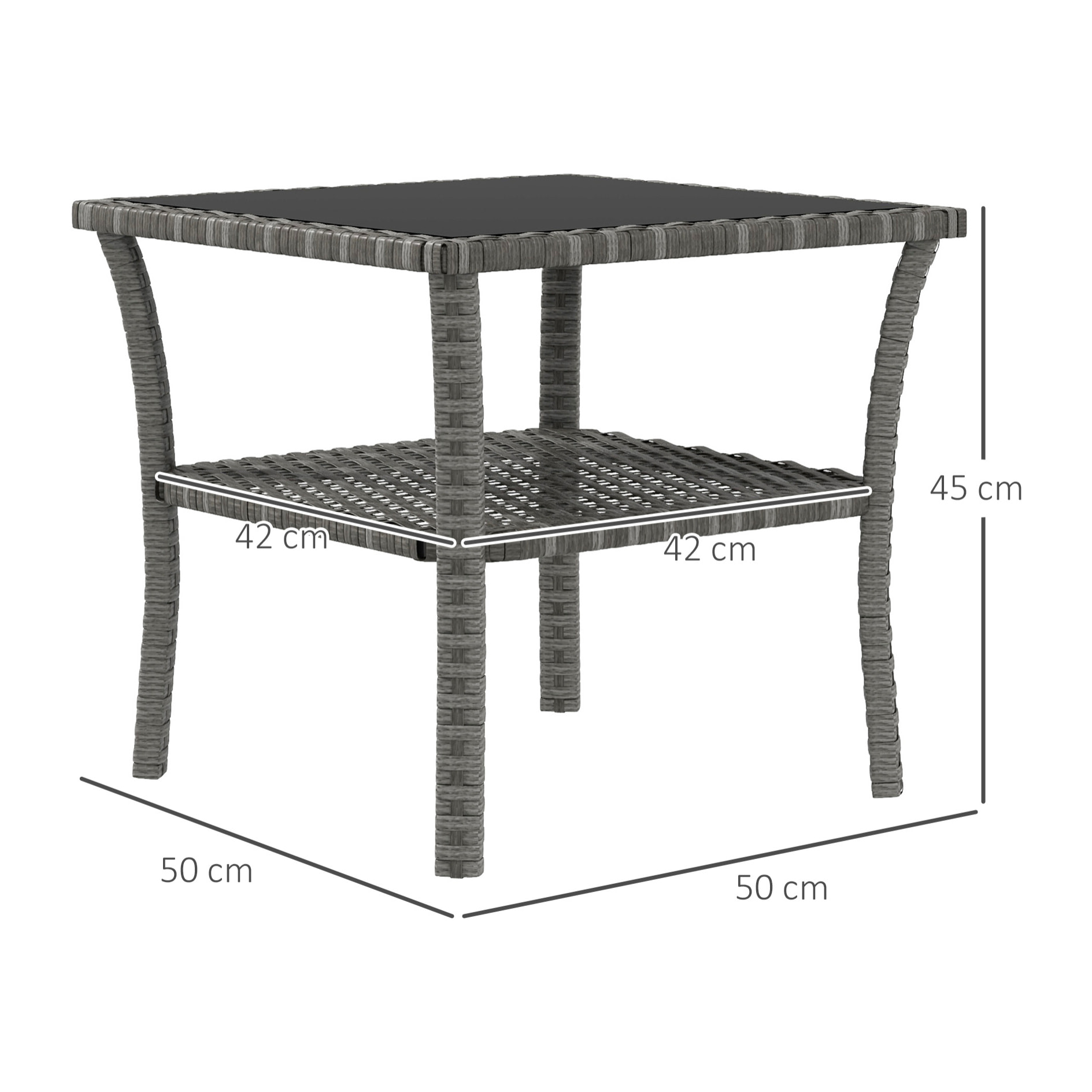 Mesa de Jardín de Ratán Sintético Cuadrada 50x50x45 cm Mesa Auxiliar con Estante Encimera de Vidrio y Marco de Acero Carga 30 kg para Terraza Patio Gris Degradado