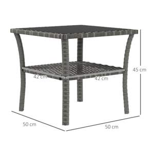 Mesa de Jardín de Ratán Sintético Cuadrada 50x50x45 cm Mesa Auxiliar con Estante Encimera de Vidrio y Marco de Acero Carga 30 kg para Terraza Patio Gris Degradado