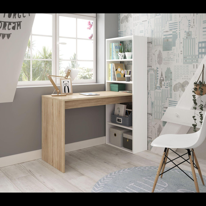 Scrivania Con Libreria Reversibile Kirkensen Scrittoio Scaffali Laterali Mobile Desk da Ufficio Soggiorno Sala Da Pranzo 120x144x53 Cm Bianco e Rovere