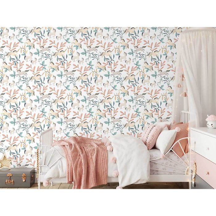 Papier peint licornes et feuillages pastel enfant