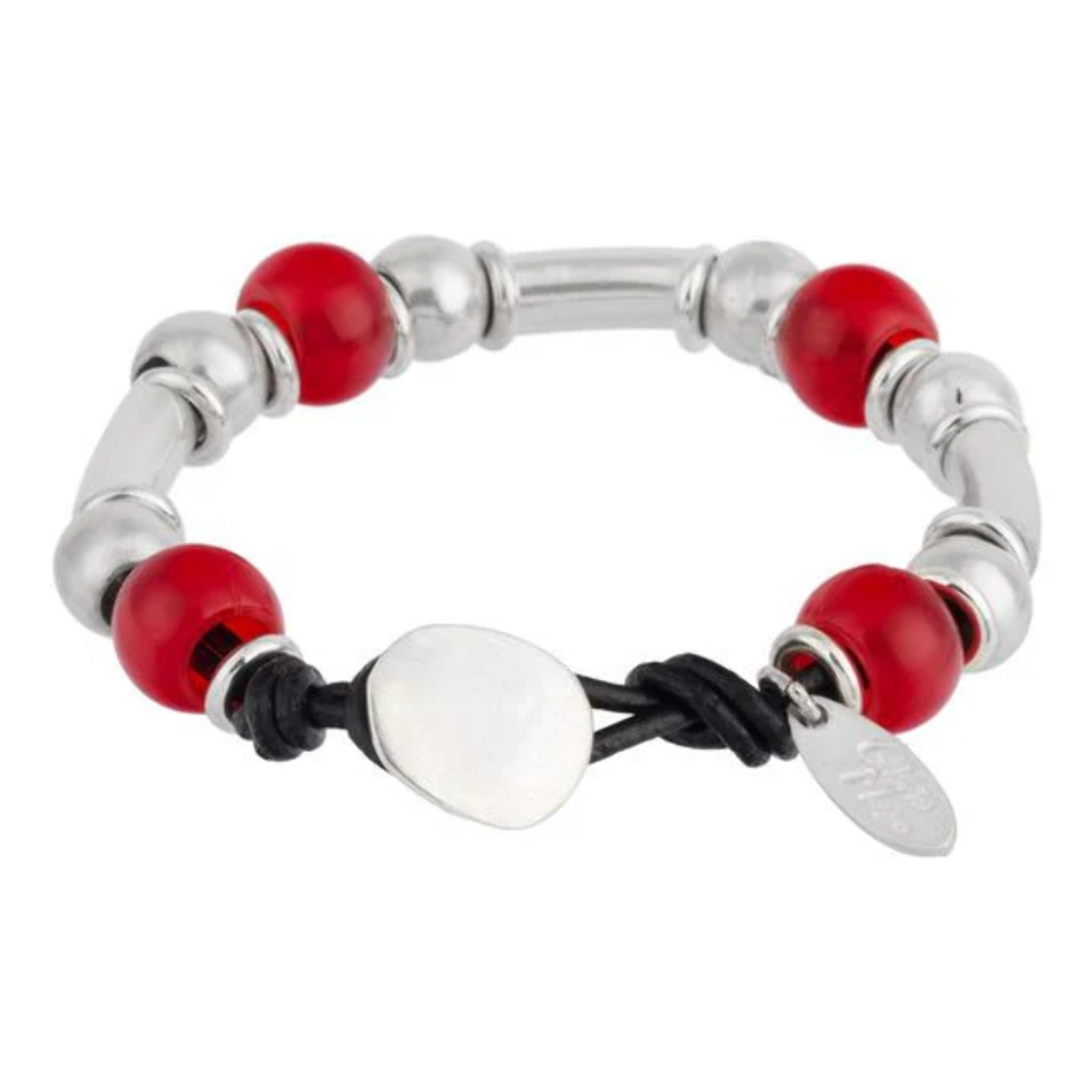 Pulsera cuero y plata Liss multibead rojo