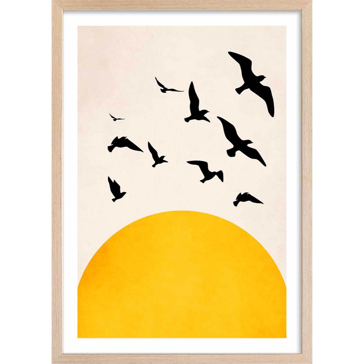 Affiche dessin ""ailes au soleil"" Affiche + cadre en bois - Chêne