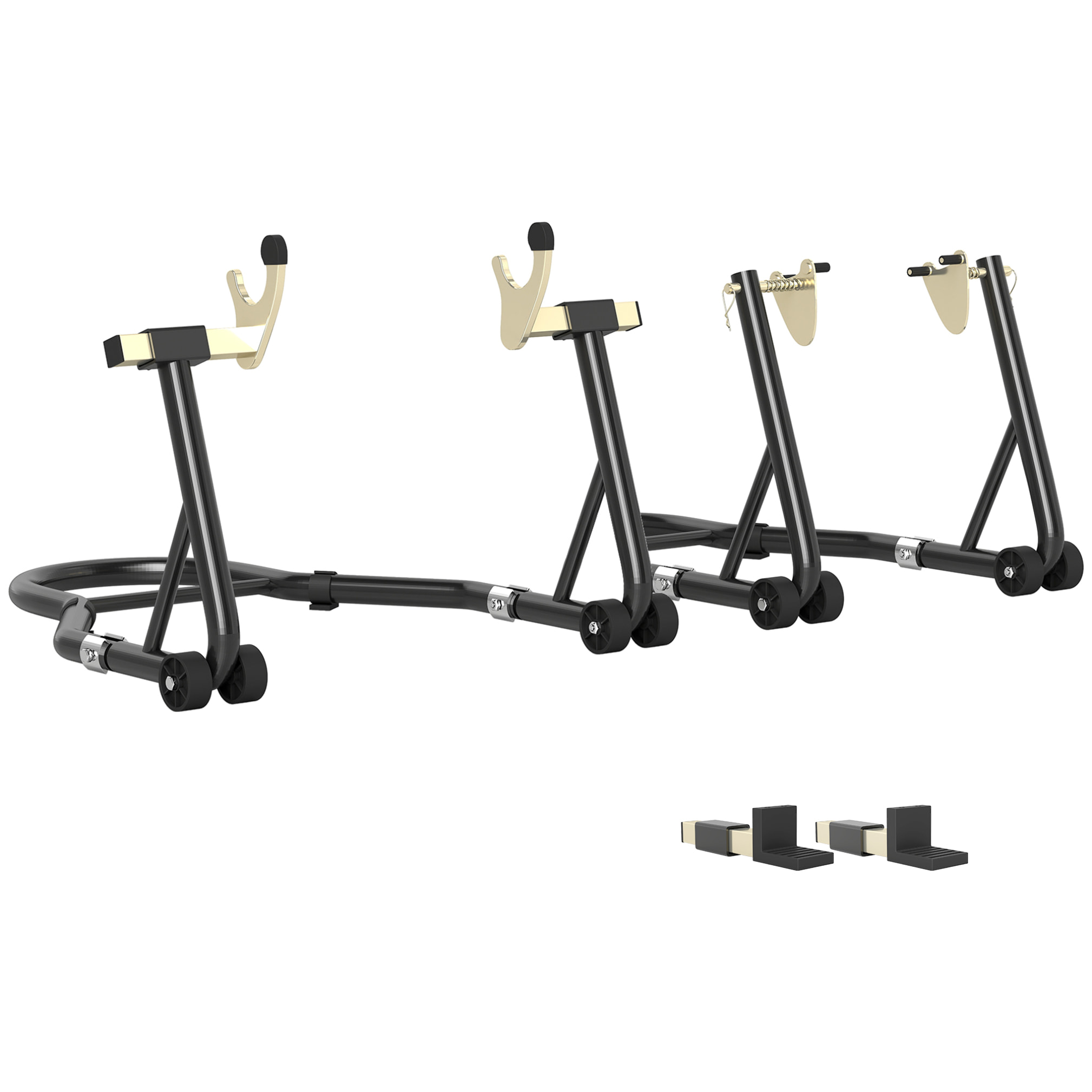 Caballete de Moto, Carga 390 kg, Soporte Delantero y Trasero Universal, Elevador de Moto de Acero con Horquillas Ajustables en U+L, Ruedas y Clips de Sujeción, Negro