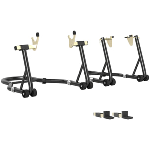 Caballete de Moto, Carga 390 kg, Soporte Delantero y Trasero Universal, Elevador de Moto de Acero con Horquillas Ajustables en U+L, Ruedas y Clips de Sujeción, Negro
