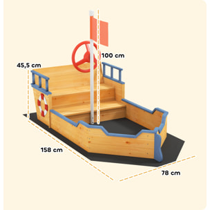 Arenero Infantil de Madera Diseño de Galeón con 2 Escalones Banco con Almacenaje Bandera y Timón Cajón de Arena de Jardín para Niños de +3 Años 158x78x45,5 cm Natural