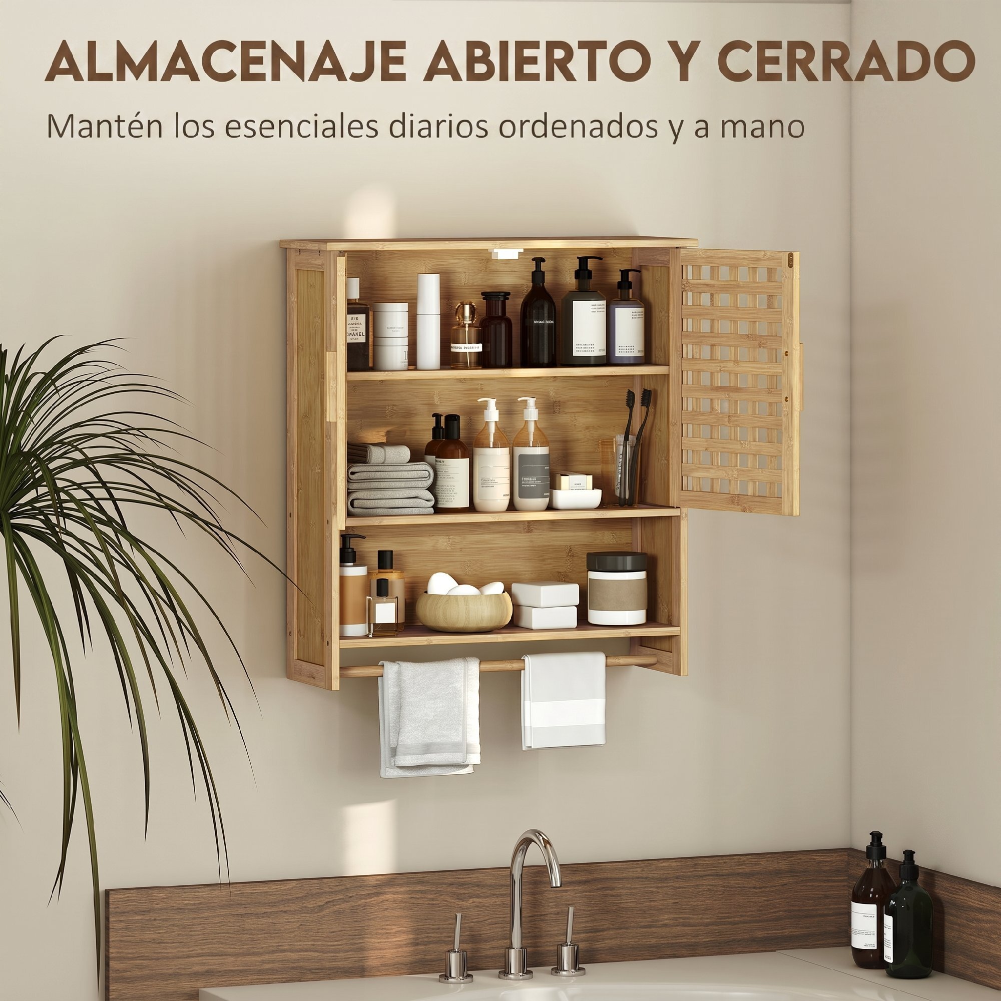 Armario de Baño de Pared de Bambú, Mueble de Baño Colgar con 2 Puertas de Celosía, Estante Abierto y Estante Ajustable, para Cocina, Lavadero, Natural
