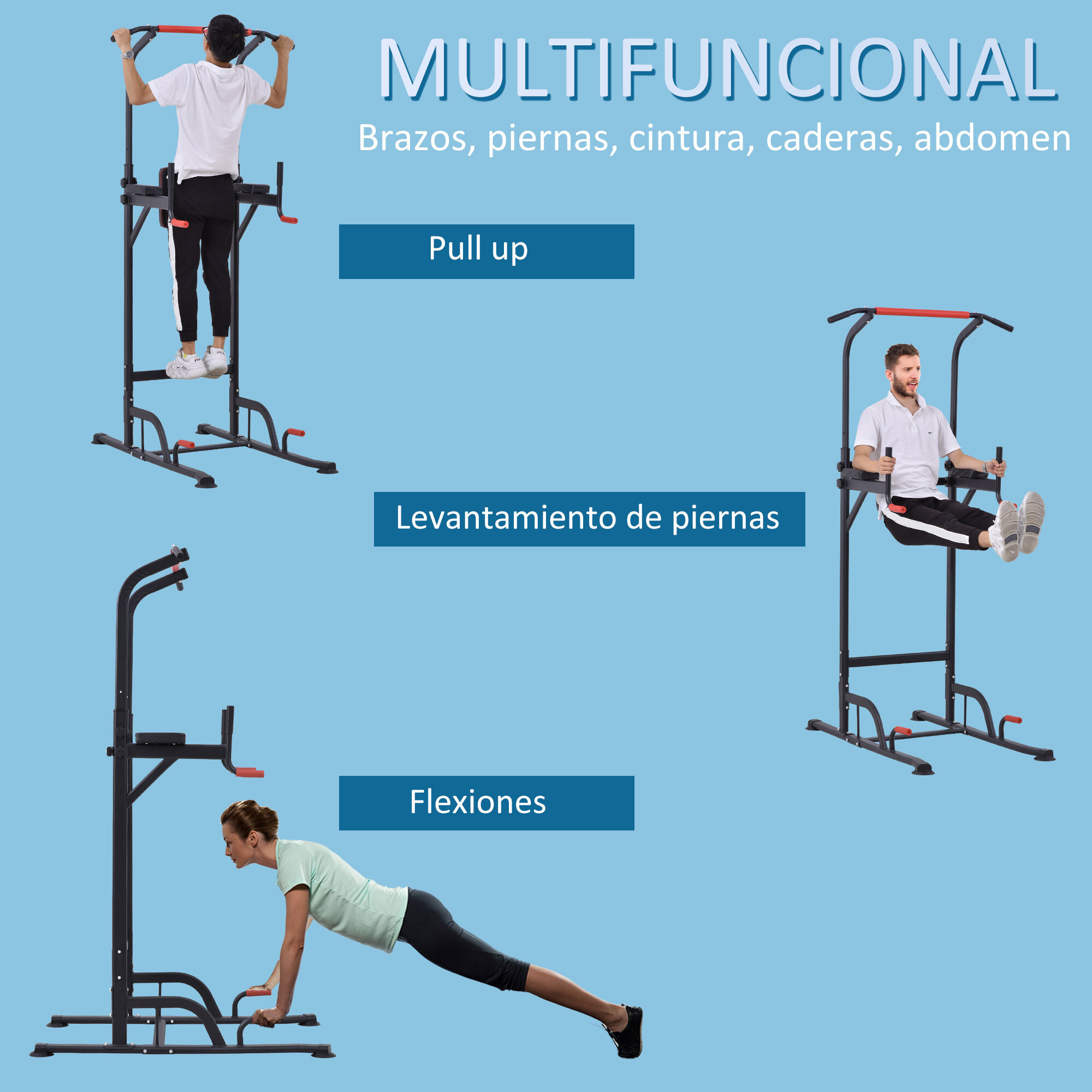Torre de Ejercicios Estación Multifuncional Altura Ajustable con 7 Orificios para Entrenamiento Fitness Casa Gimnasio Oficina Carga Máx. 120 kg 123x98x189-239 cm Negro y Rojo