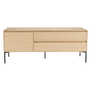 MAXENDRE - Meuble TV naturel 1 porte 2 tiroirs pieds métal noir