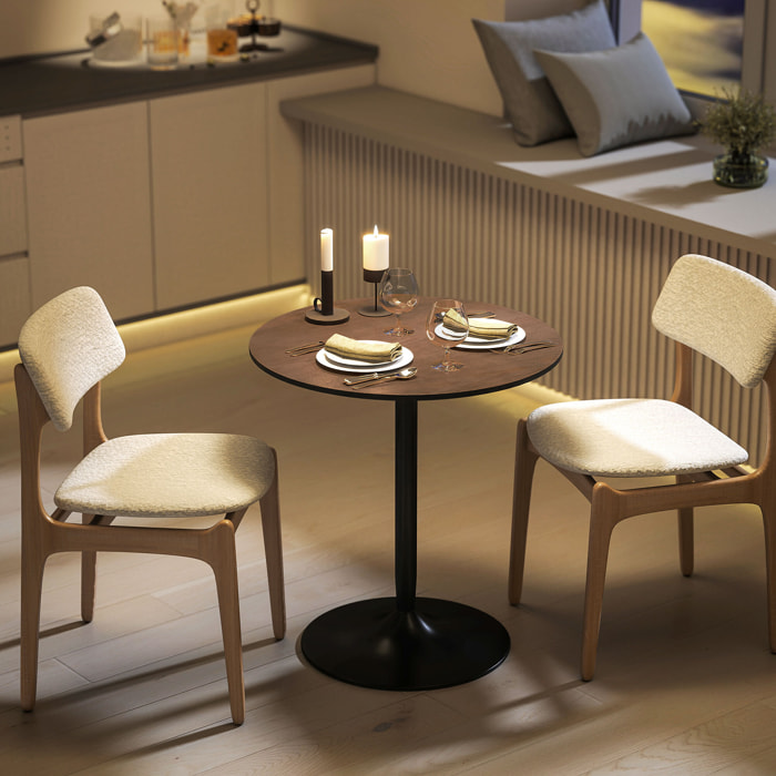 Table de salle à manger ronde 2 personnes dia.70 cm piètement acier noir effet bois noyer