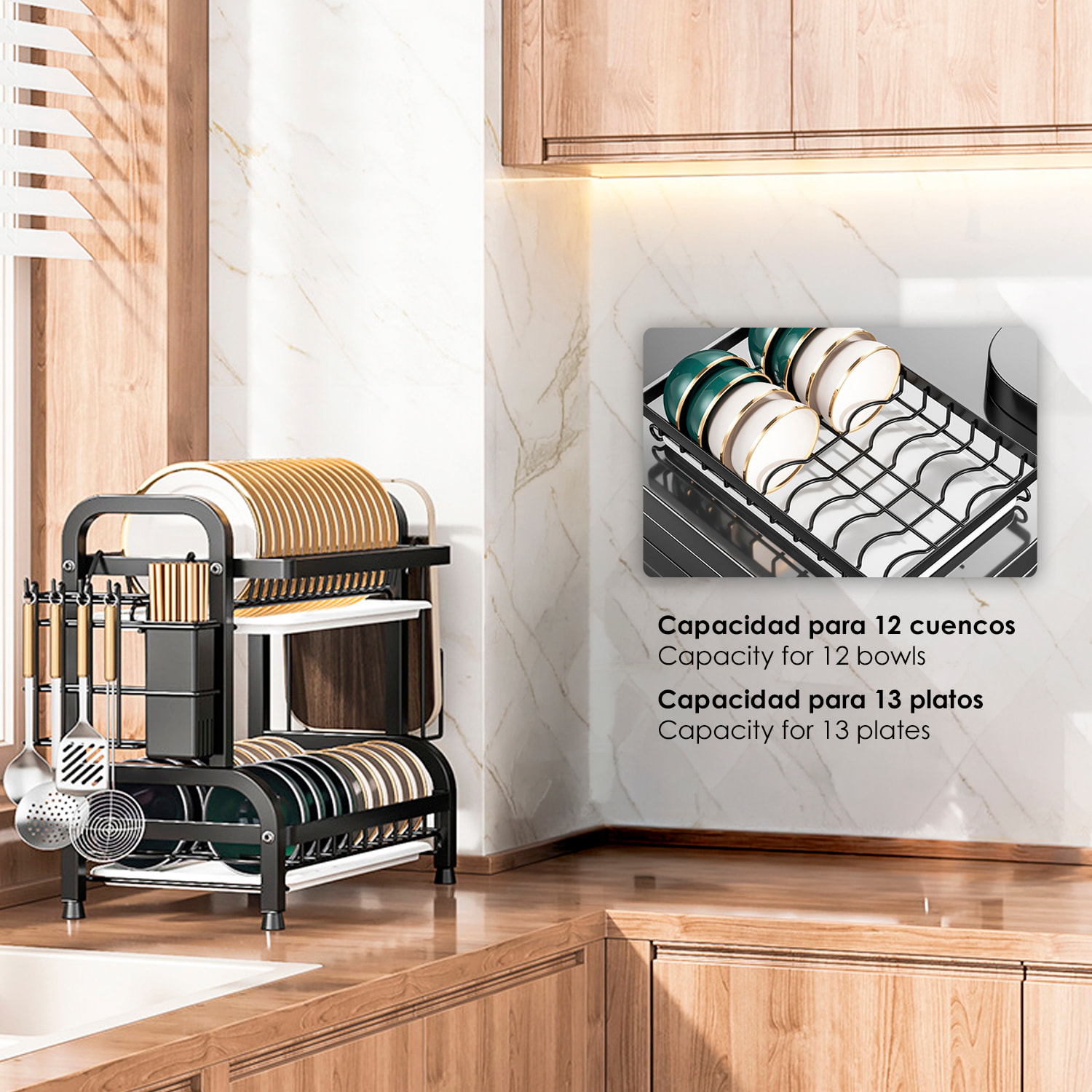 Repisa de cocina metálica para cubiertos. Escurridor de platos. Estante organizador para secar y guardar utensilios de cocina. 2 niveles con bandeja escurridora y accesorios.