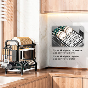 Repisa de cocina metálica para cubiertos. Escurridor de platos. Estante organizador para secar y guardar utensilios de cocina. 2 niveles con bandeja escurridora y accesorios.