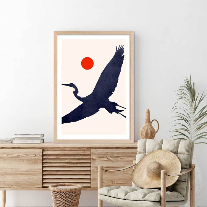 Affiche paysage Grue au soleil levant Affiche + cadre en bois - Chêne