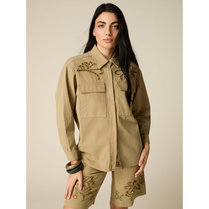 Oltre - Camisa de algodón con bordados see-through - Verde militare