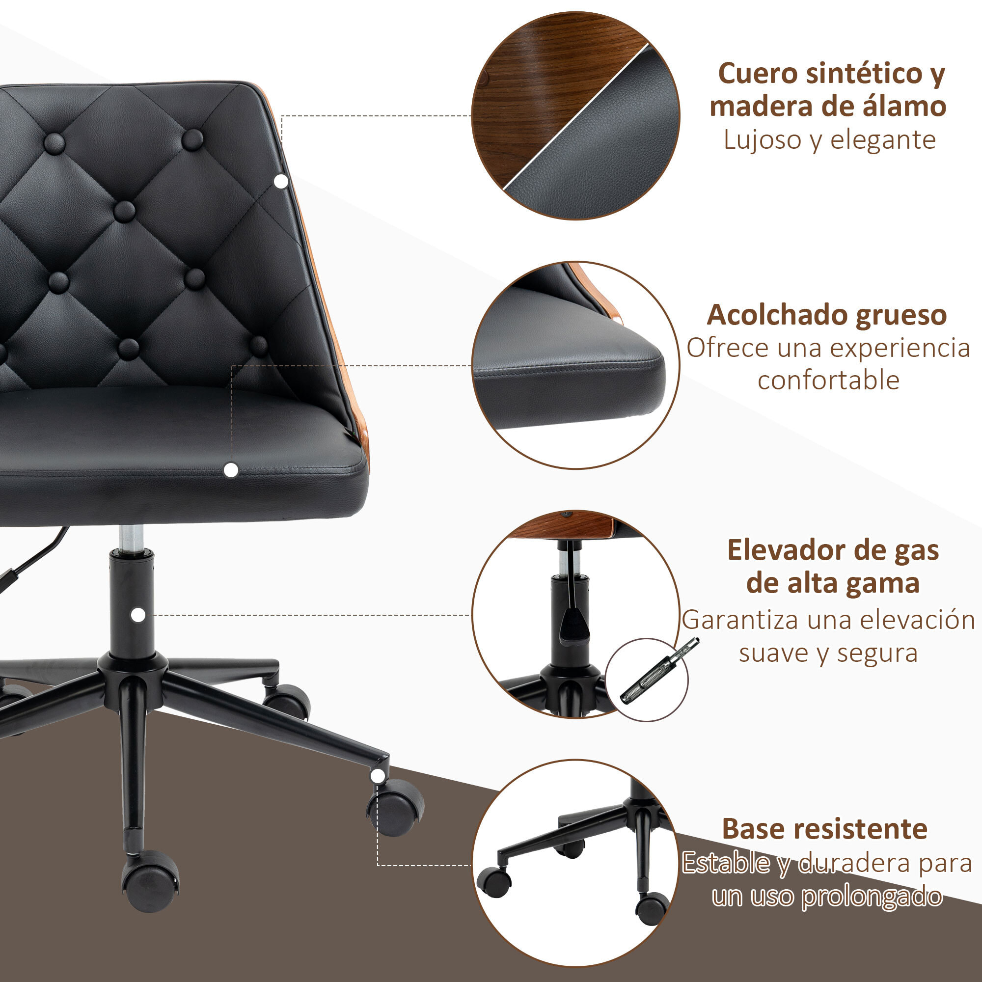 Silla de Oficina Giratoria Silla de Escritorio Ergonómica Tapizadas en Cuero PU con Altura Ajustable Función de Basculante para Salón Dormitorio Oficina 54x54,5x76-86 cm Negro