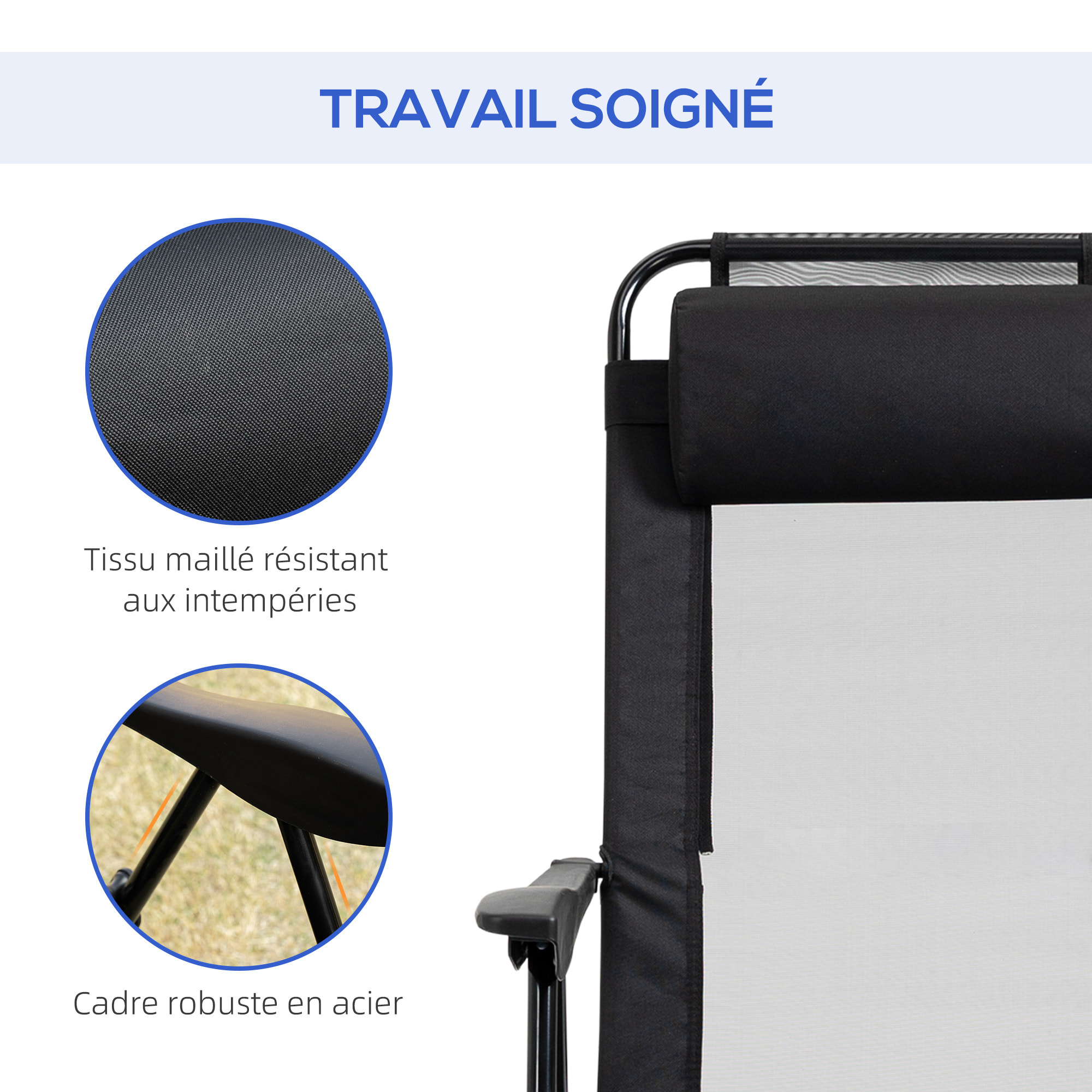 Lot de 2 chaises de jardin camping pliables - dossier inclinable 5 positions - tétière incluse - acier époxy oxford textilène noir
