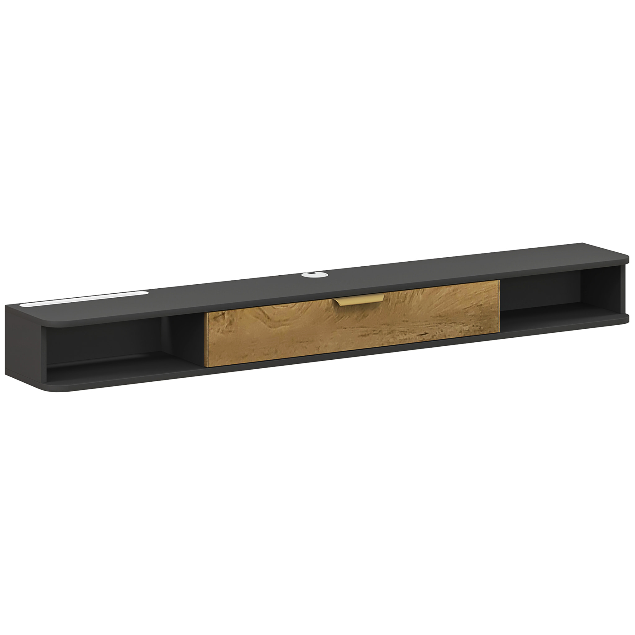 Meuble TV design suspendu - meuble TV mural - 2 niches, porte abbatante - dim. 160 x 24 x 16 cm - gris charbon effet bois