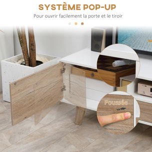 Meuble TV bas sur pied style scandinave 2 portes niche tiroir MDF blanc aspect chêne clair