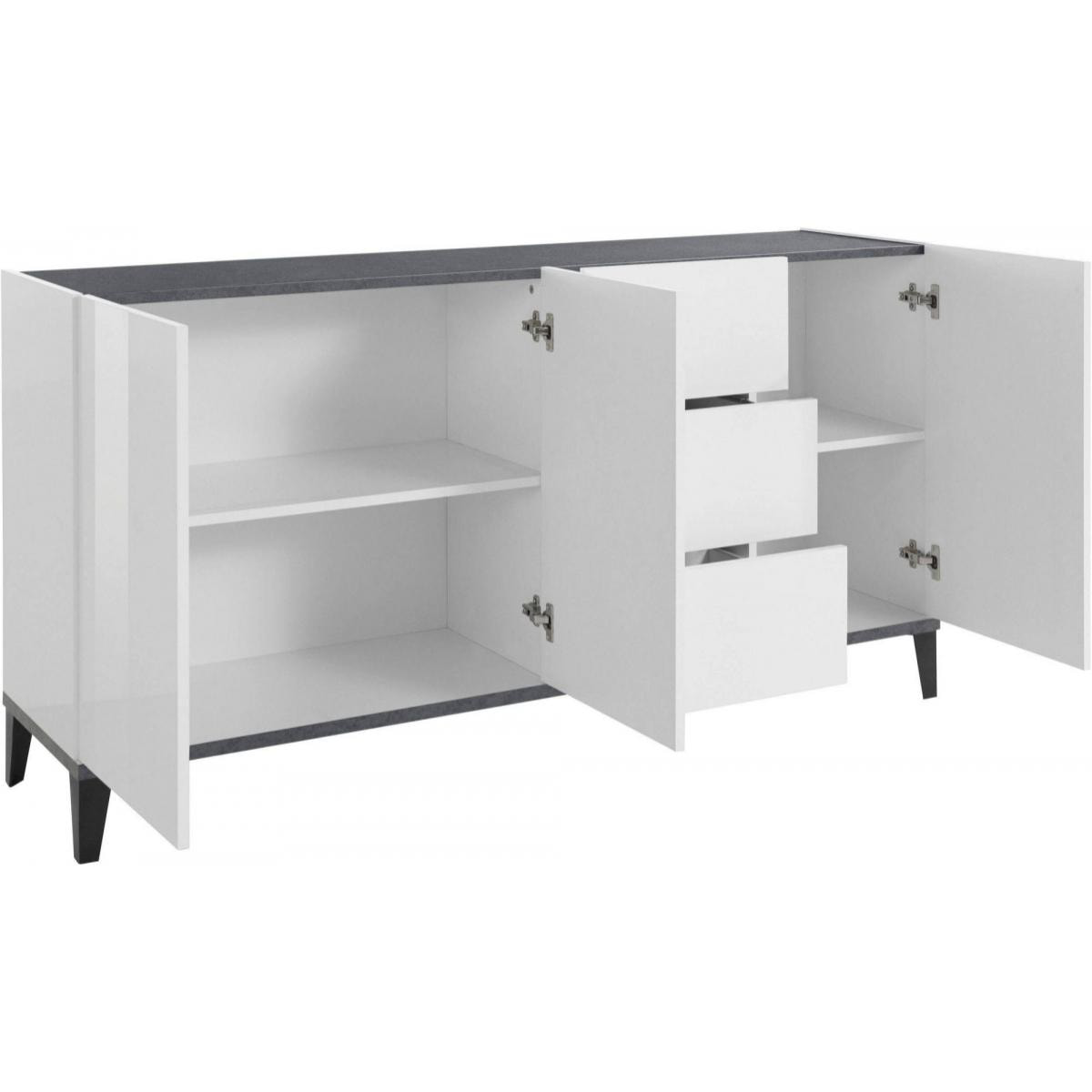 Credenza moderna a 3 ante e 3 cassetti, Made in Italy, Madia da cucina rialzata, Buffet di design da soggiorno, Cm 160x40h82, Bianco lucido e Ardesia