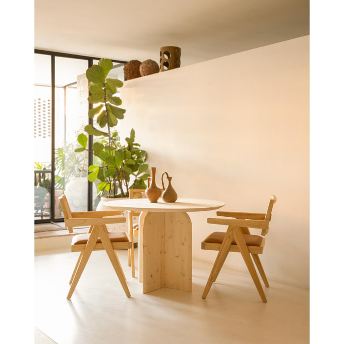 Table à manger ronde en bois massif de couleur naturel de 110cm Hauteur: 75.2 Longueur: 110 Largeur: 110