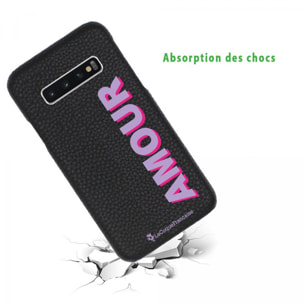 Coque Samsung Galaxy S10 effet cuir grainé noir Amour parme et fushia Design La Coque Francaise