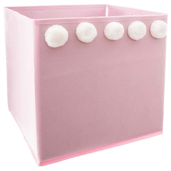 Caja de almacenamiento infantil con pompones color rosa - 29 x 29 x 29cm