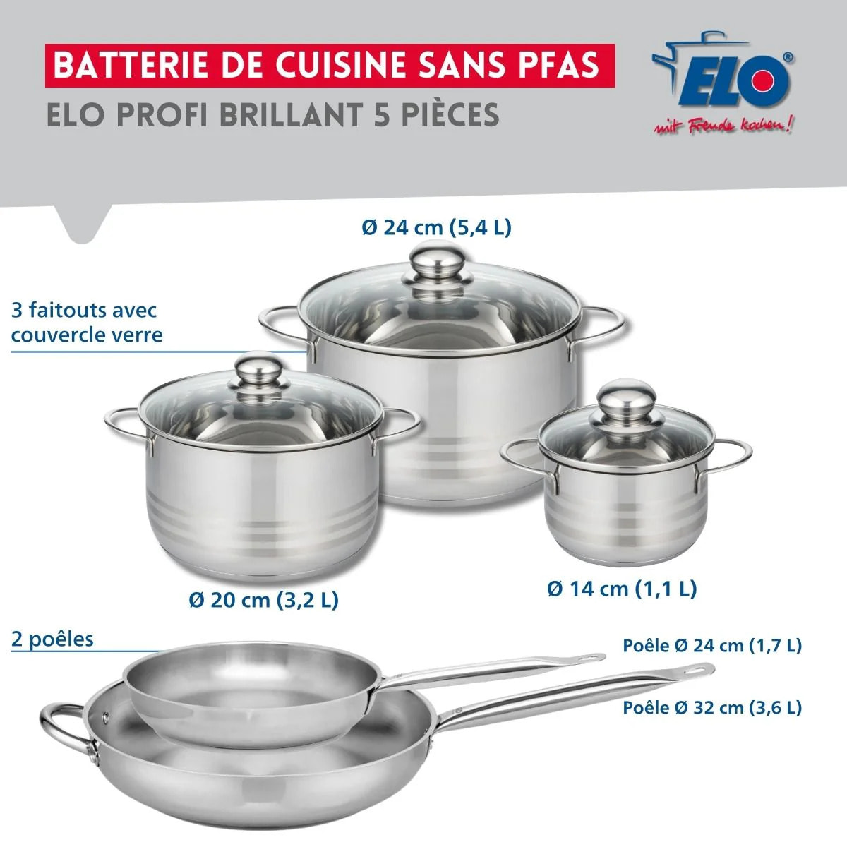Ensemble de 2 Poêles de cuisson 24 et 32 cm et 3 faitouts 14, 20 et 24 cm Elo Profi Brillant