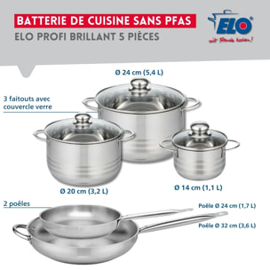 Ensemble de 2 Poêles de cuisson 24 et 32 cm et 3 faitouts 14, 20 et 24 cm Elo Profi Brillant