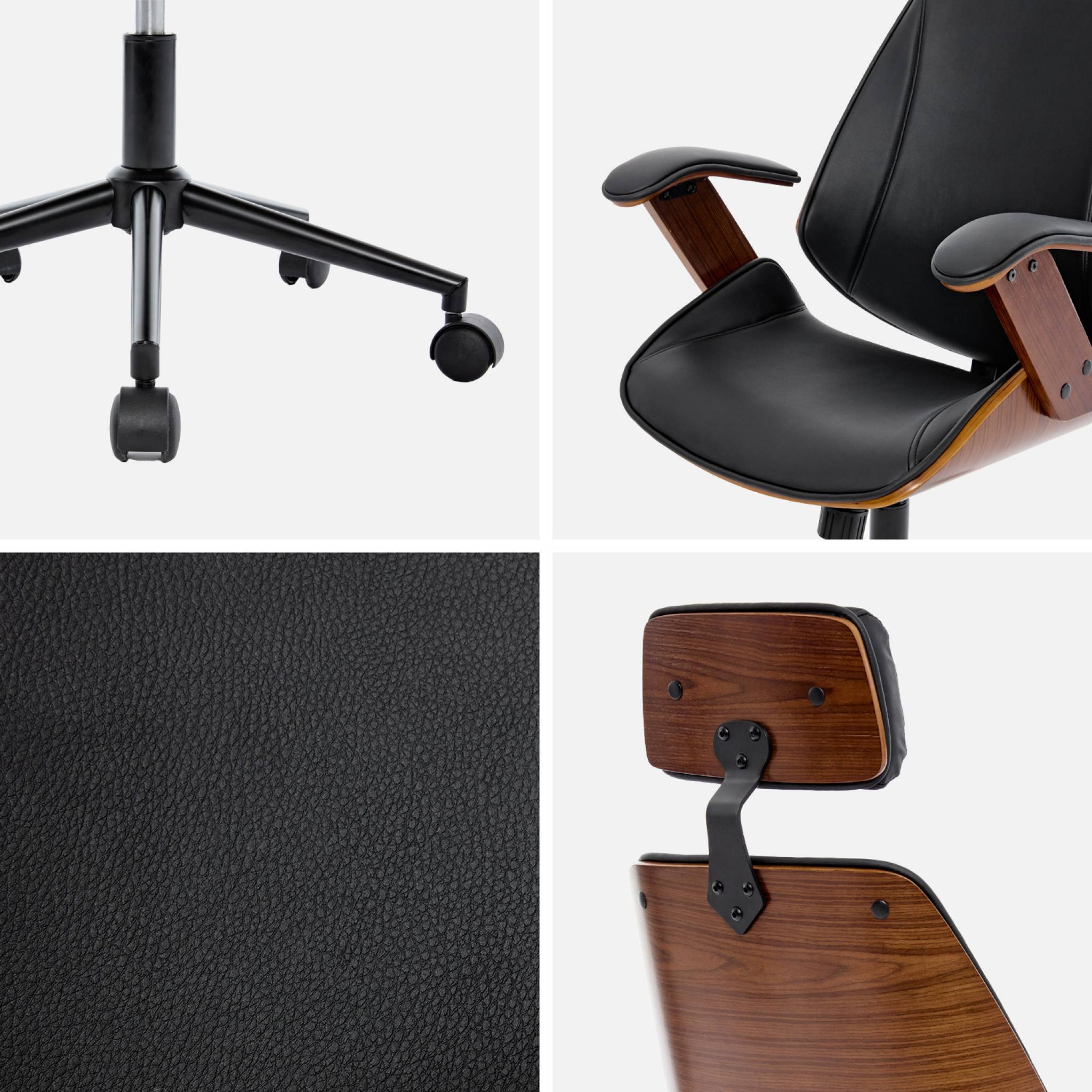 Chaise de bureau à roulettes décor bois courbé placage effet noyer et simili cuir noir