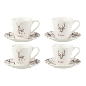 J-Line tasse de thé + sous-tasse Renne - céramique blanc/marron - large - boîte de 4