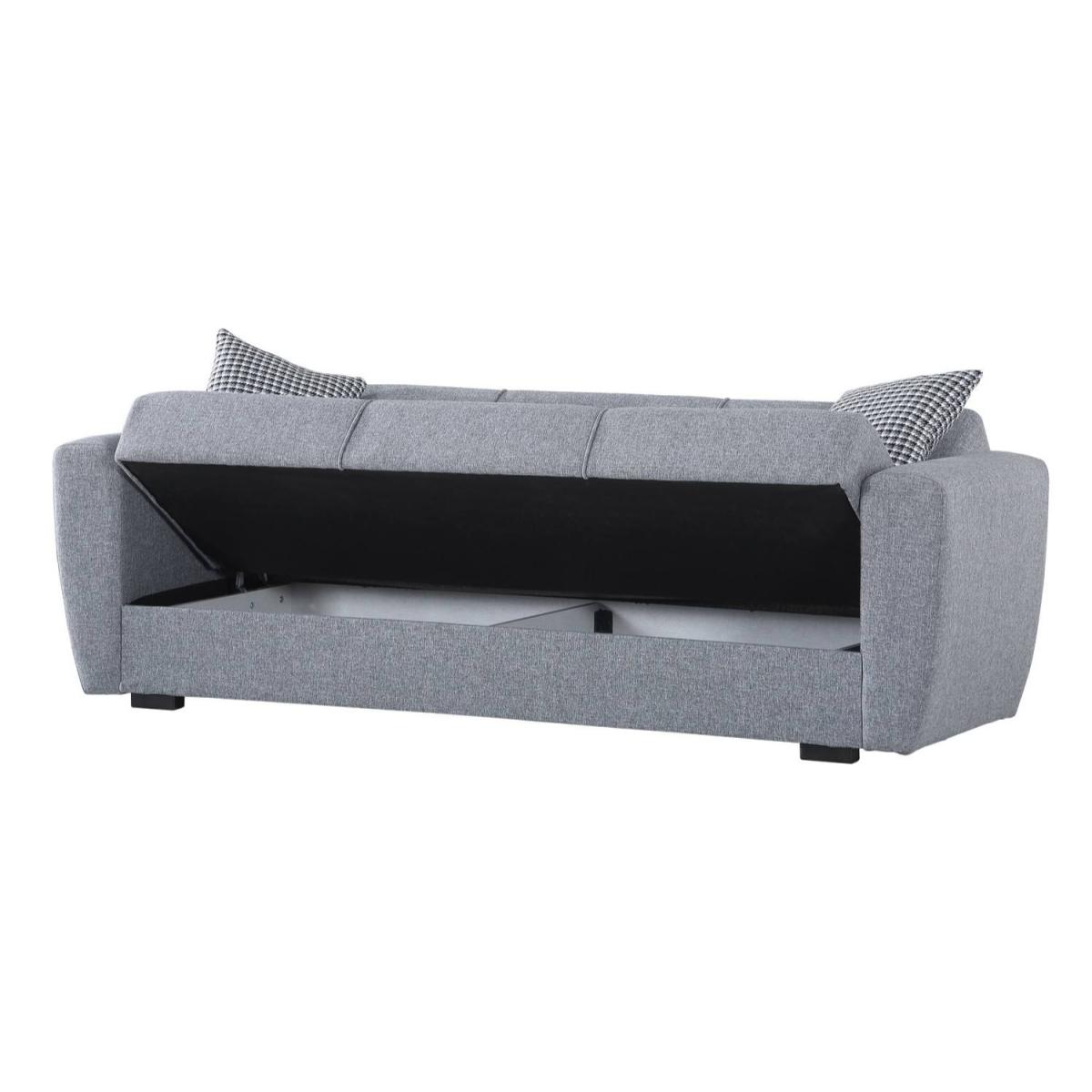 Divano letto Escobar, Divano letto contenitore a 3 posti lineare, Sofà da soggiorno in tessuto imbottito con apertura click-clack, 223x84xh80 cm, Grigio