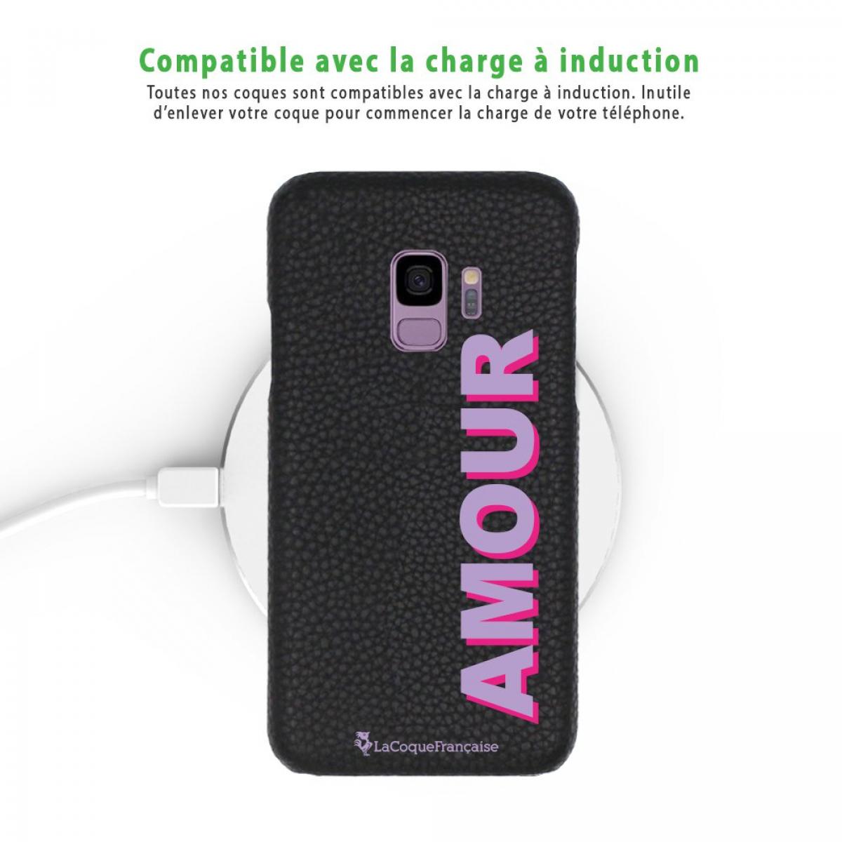 Coque Samsung Galaxy S9 effet cuir grainé noir Amour parme et fushia Design La Coque Francaise