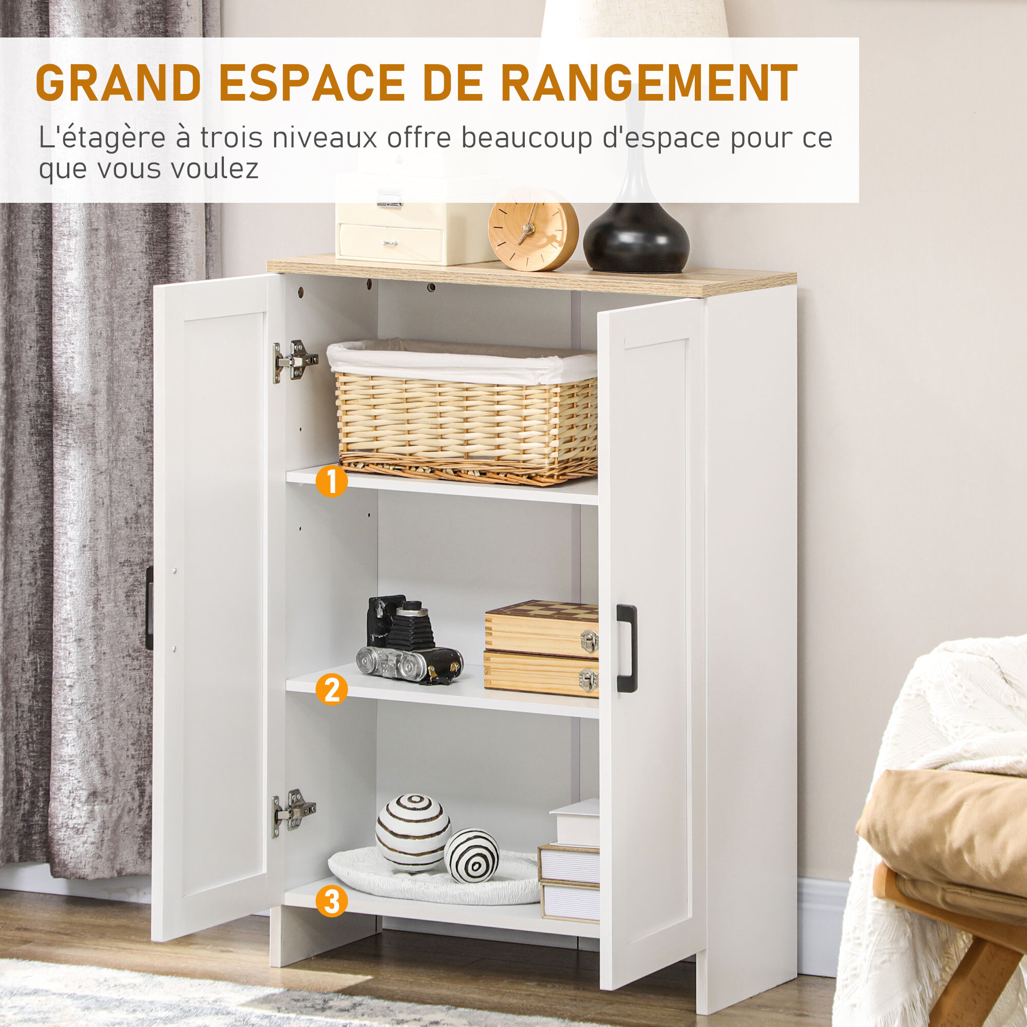 Buffet 2 portes 2 étagères bahut dim. 60 x 30 x 90 cm blanc effet bois clair