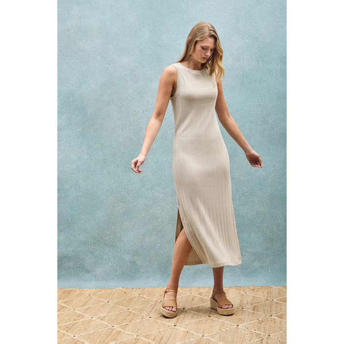 Vestito lungo beige e a coste con monogramma ricamato