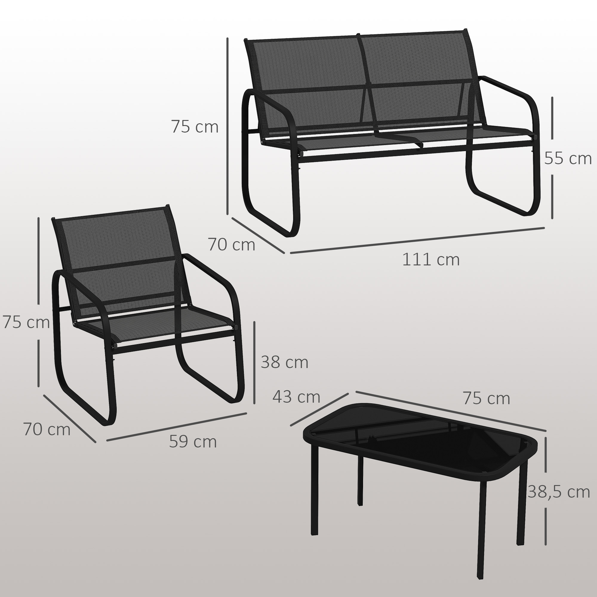 Ensemble salon de jardin relax 6 personnes 5 pièces plateau verre trempé acier textilène noir