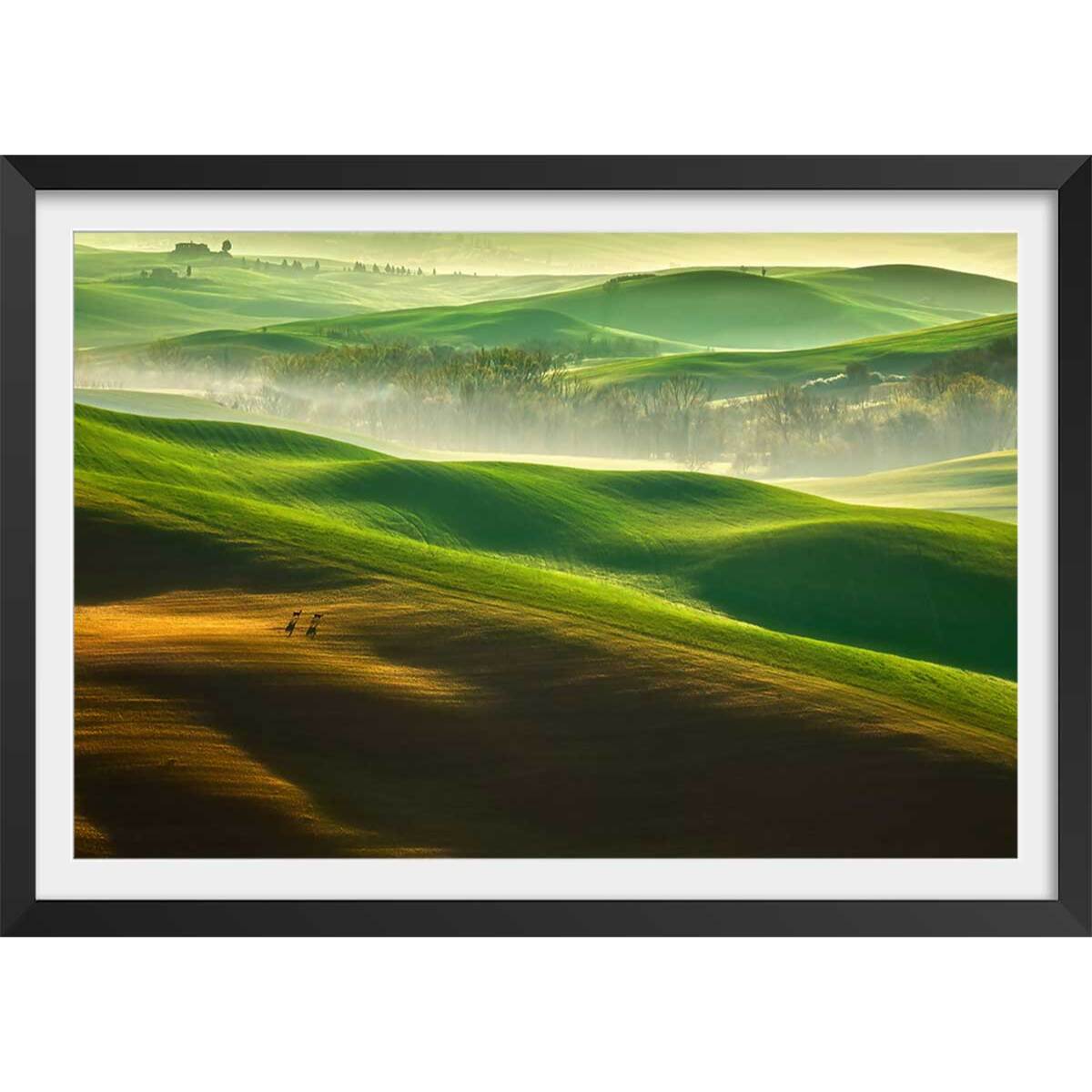 Affiche nature collines brumeuses Affiche + cadre en bois - Noir