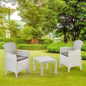 Set salotto da esterno Aneta, Composizione da giardino con 2 poltrone ed 1 tavolino, Salottino effetto rattan con cuscini, 100% Made in Italy, Bianco