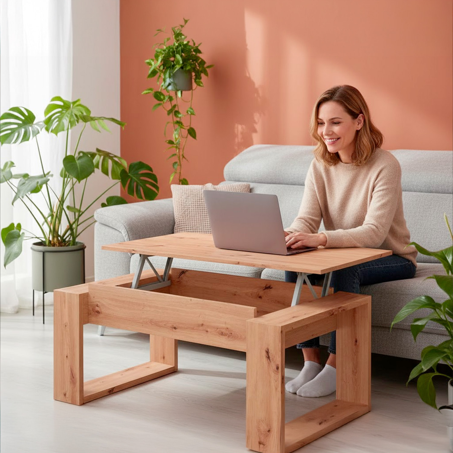 Tavolino Rialzabile Da Caffè Con Piano Sollevabile Tavolo Da Soggiorno Pranzo Moderno Salvaspazio Ideale per Mangiare Lavorare 105 x 55 x 45 cm Rovere