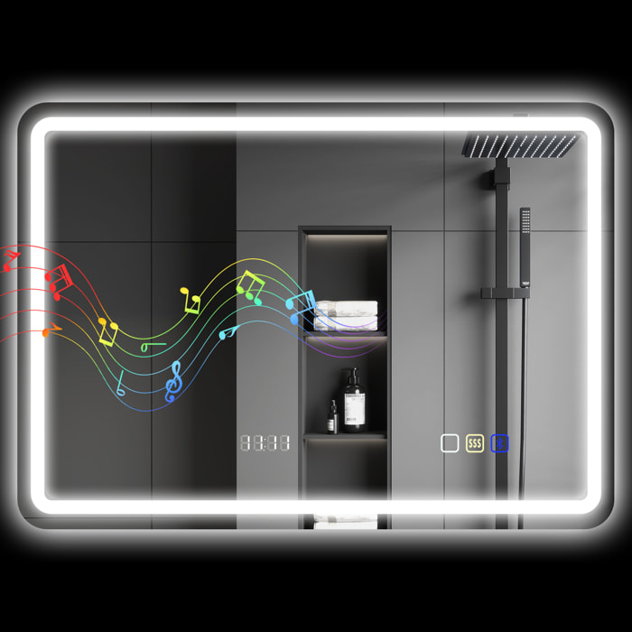 Espejo de Baño con Luz LED 70x50 cm Espejo de Pared con Bluetooth 3 Colores de Luz Reloj Digital Función Antivaho Función de Memoria Interruptor Táctil IP44