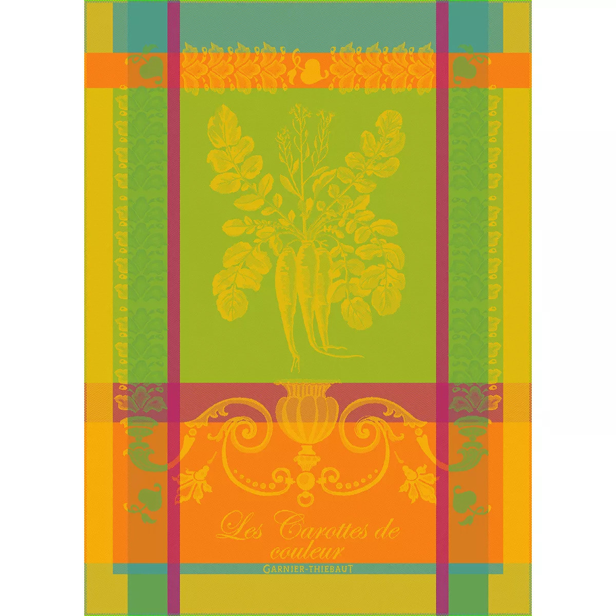 Torchon pur coton motif jacquard vert orange Carottes de couleur zeste