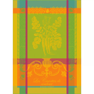Torchon pur coton motif jacquard vert orange Carottes de couleur zeste