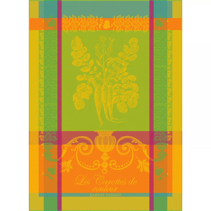 Torchon pur coton motif jacquard vert orange Carottes de couleur zeste