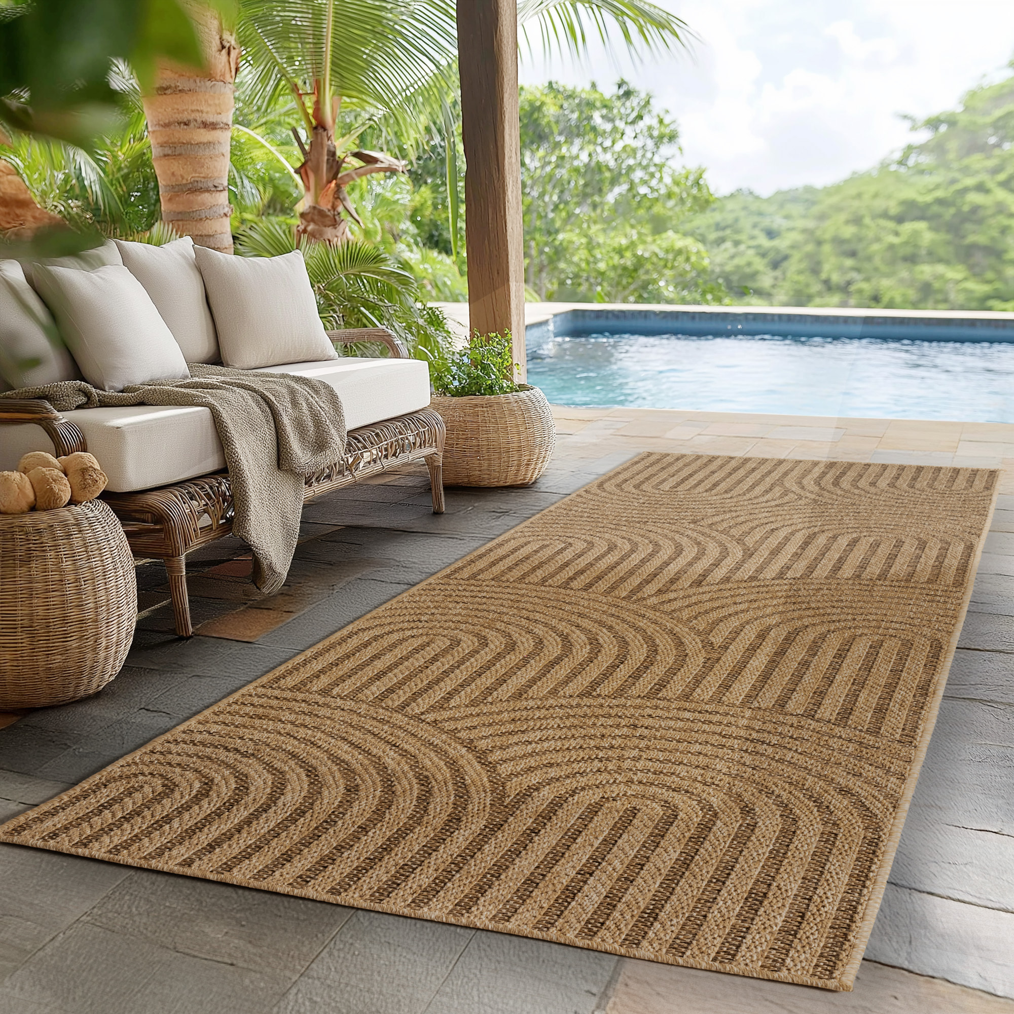 LINORA - Tapis intérieur/extérieur beige à motif géométrique naturel